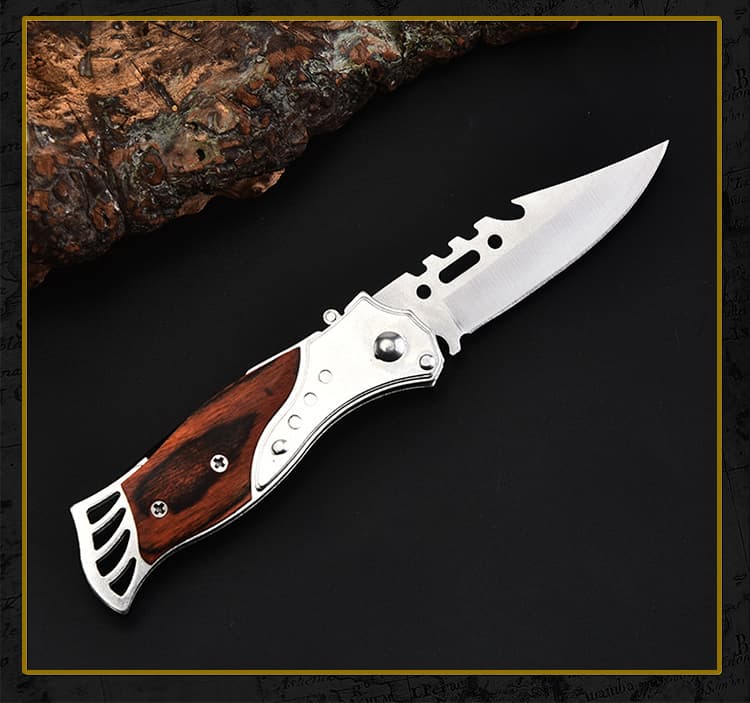 High Hardness Tactical Folding Blade Stainless Steel Wood Handle Knife Outdoor Multitool Serrated Blade Tactical Gear