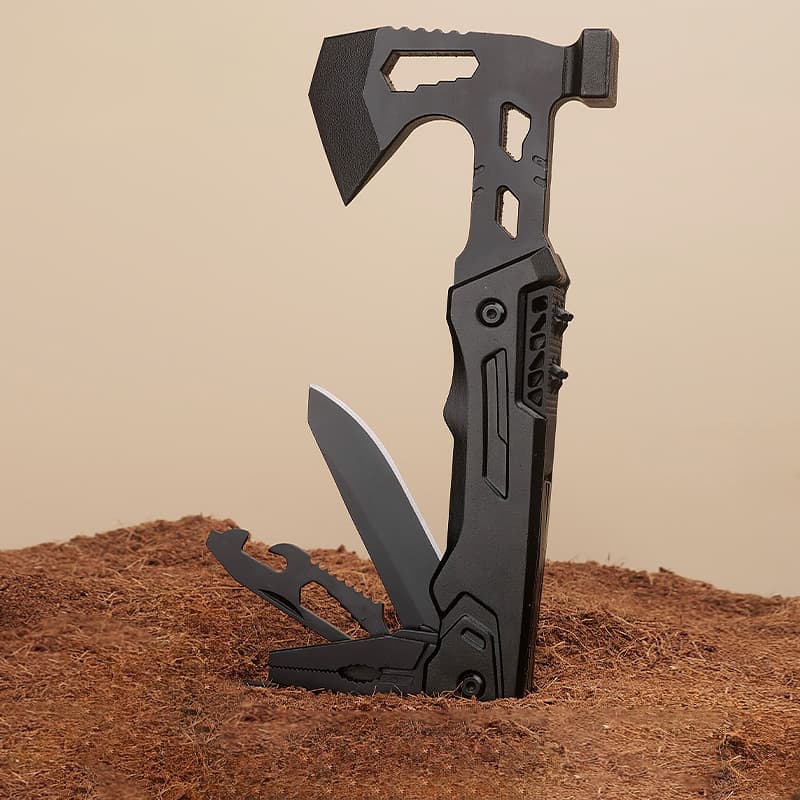 Outdoor Multi-Function Survival Tool Durable Nylon Steel Axe Hammer Wrench Knife Combo with Aluminum Handle for Camping