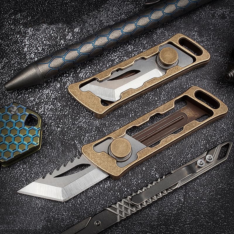 D2 Brass Sliding Pocket Knife Outdoor Camping and Hunting Utility Folding Knife with Durable Cutting Tool