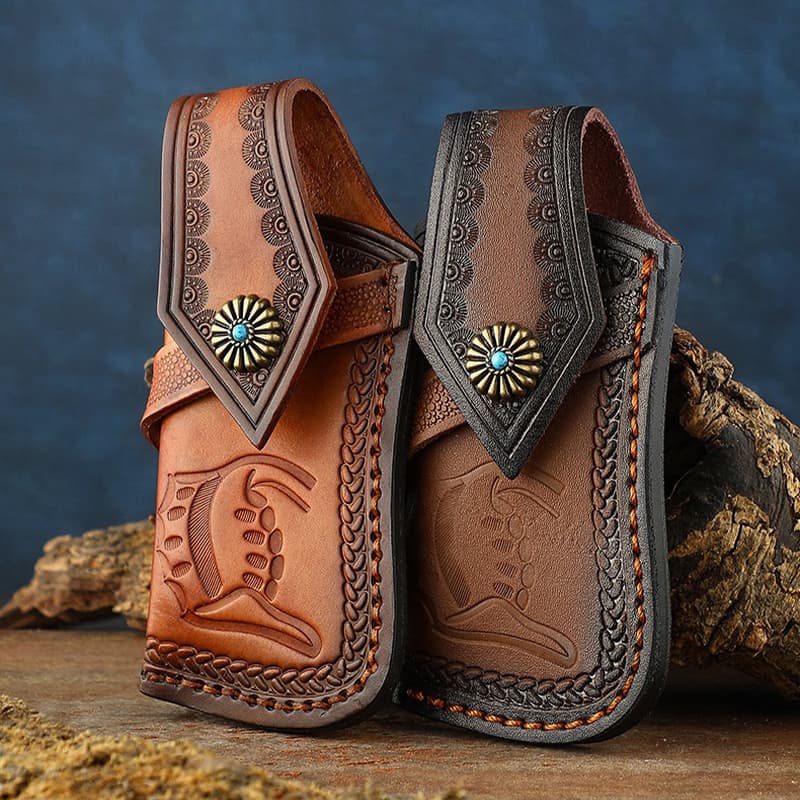 Premium Leather Knife Case Top Selling Genuine Leather Scabbard for Folding Knives Outdoor Carved Storage Pocket OEM