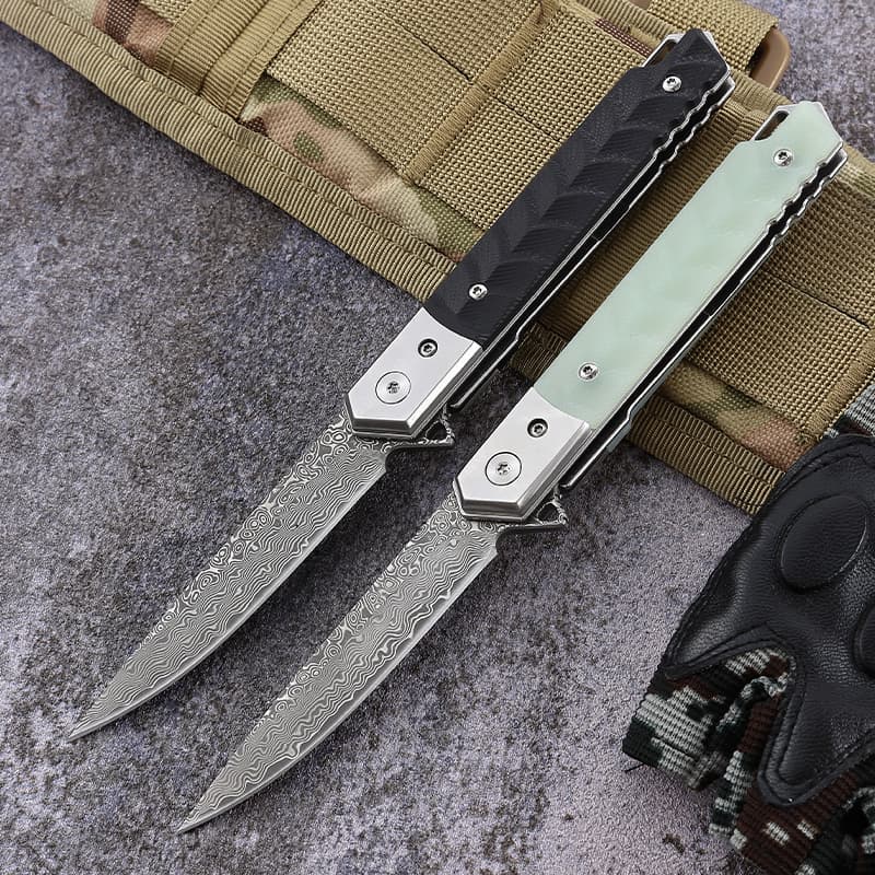 OEM Damascus Steel Blade G10 Handle Knife Outdoor Camping Survival Tactical Folding Pocket Knife With Removable C