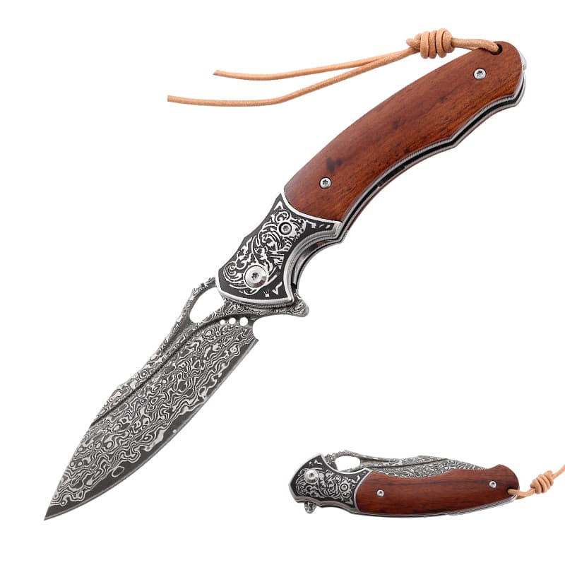Damascus Steel Pocket Knife for Men High Quality Self Defense EDC Tool Tactical Survival Hunting Folding Wooden Han
