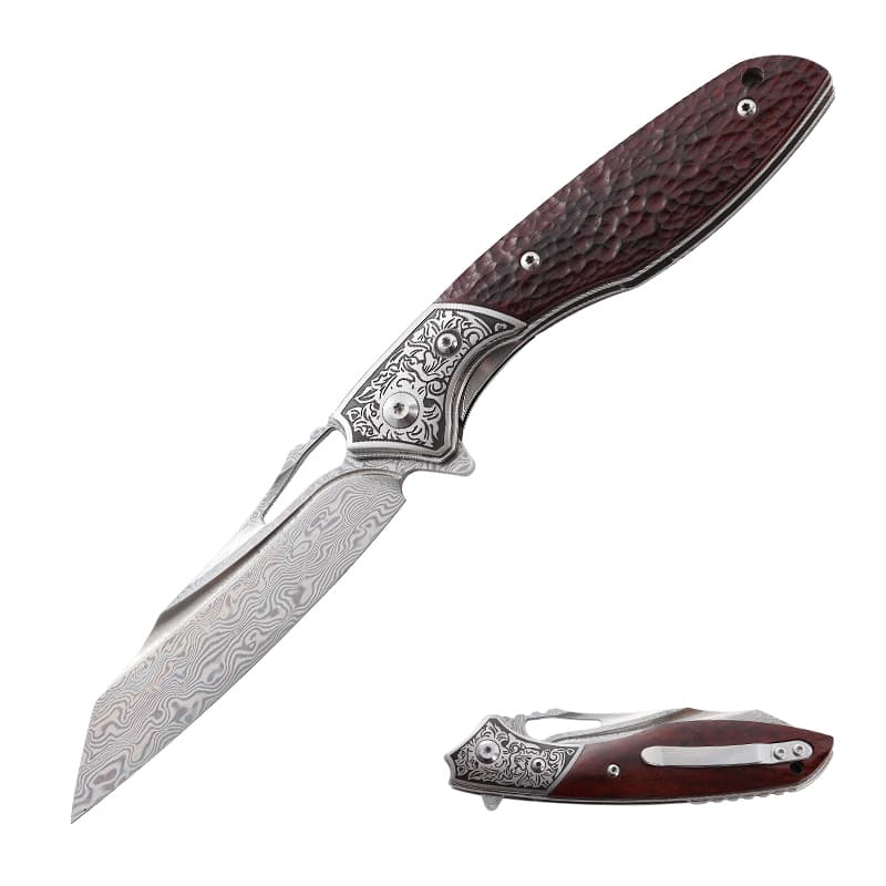 New Damascus Steel Blade Self Defense Tactical Wooden Handle Folding Pocket Knife Camping Hunting Damascus Knife EDC