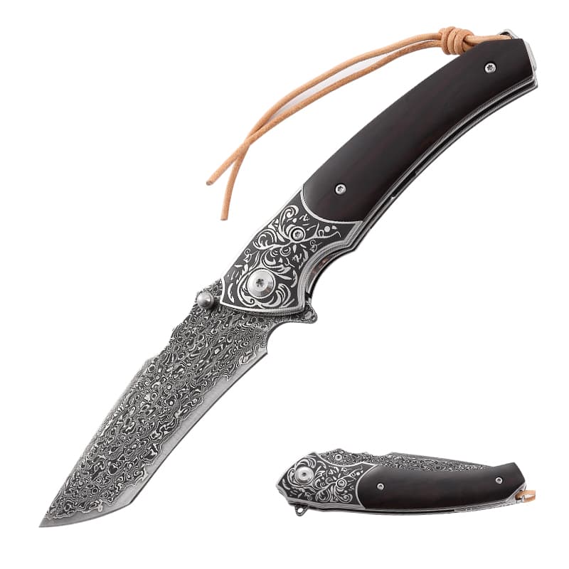 Damascus Steel Wood Handle Camping Utility EDC Hand Tool Outdoor Self Defense Pocket Hunting Folding Knife Tactical