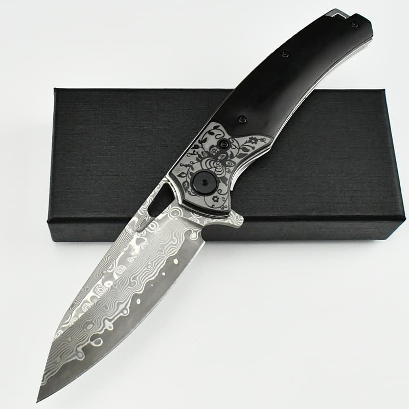 Handmade Damascus Steel Pocket Knife Black Ebony Wood Handle Portable Folding Knife for Collection Enthusiasts OEM Customizable