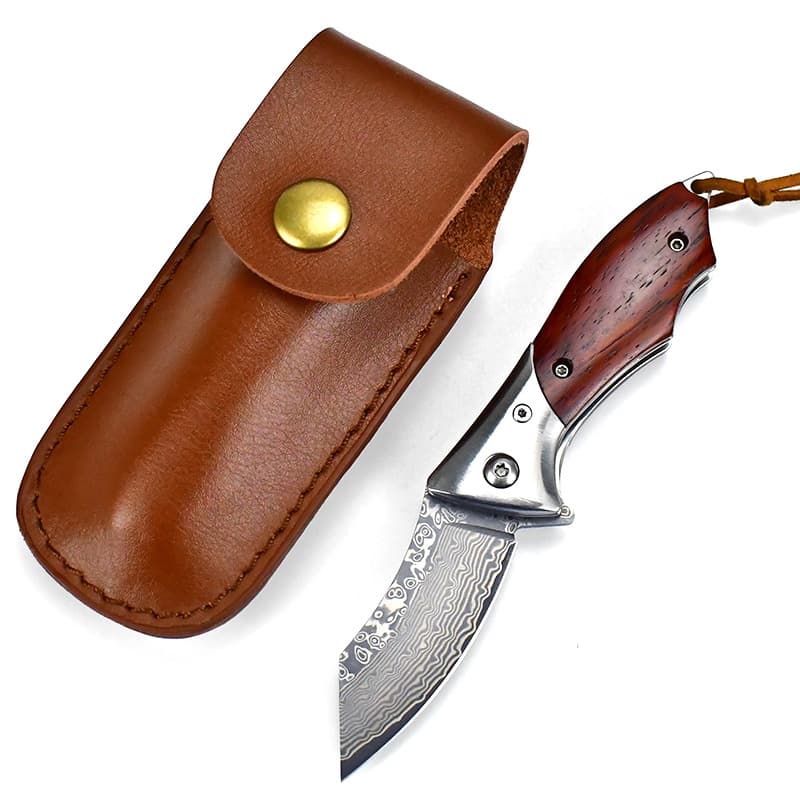 Wooden Handle Damascus Blade Outdoor Camping Survival Folding Knife Hiking Hand Pocket Tactical