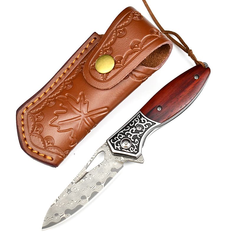 Outdoor Damascus Steel Survival Folding Knife Wooden Handle Camping Hunting Tactics Self-defense Fishing EDC Tool