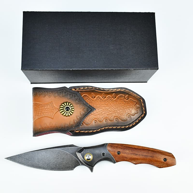 Top Quality Uzi steel high hardness wooden handle Folding pocket knife with luxury leather sheath handmade craft premium knife