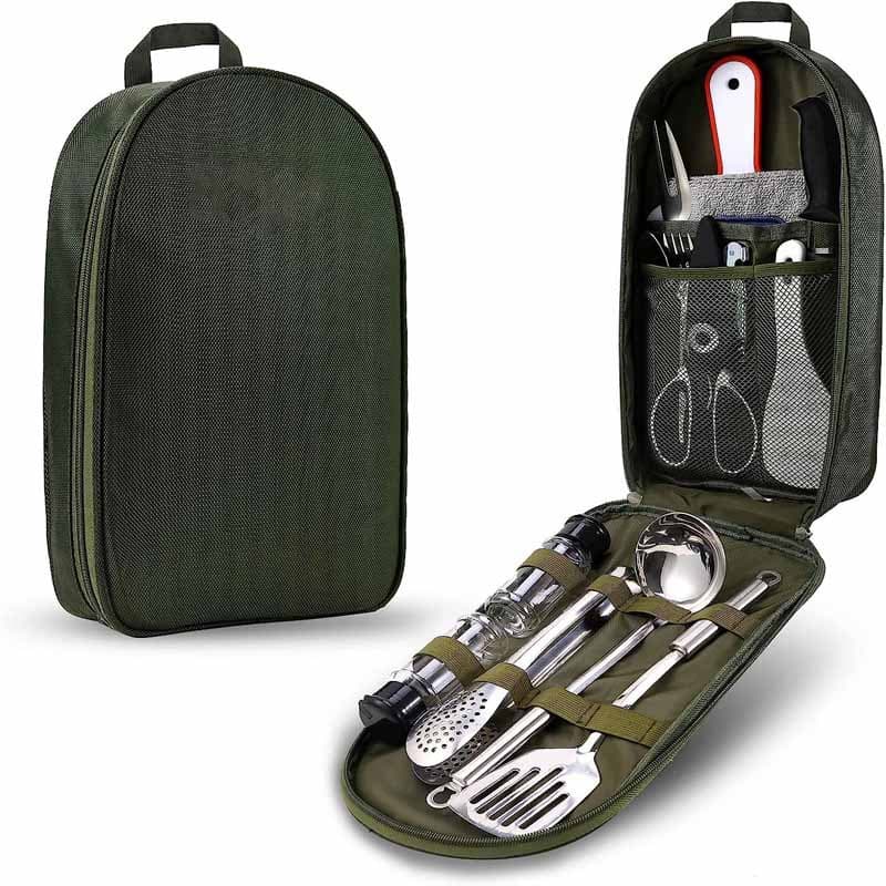 Cookware Kit with Storage Bag, Stainless Steel Camping Essentials Gear for Camp, BBQ, Kitchen Cooking and Grilling